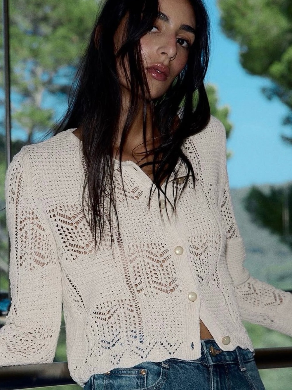 Zara Check Knit Cardigan with statement buttons and scalloped hem- Size
